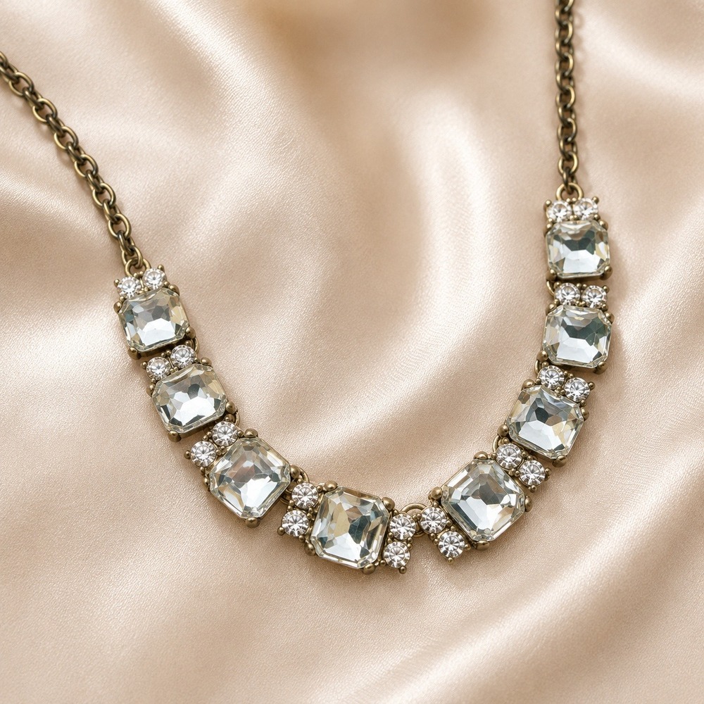 Antique Brass Emerald Cut Crystal Statement Bib Necklace Clear Rhinestone Link
